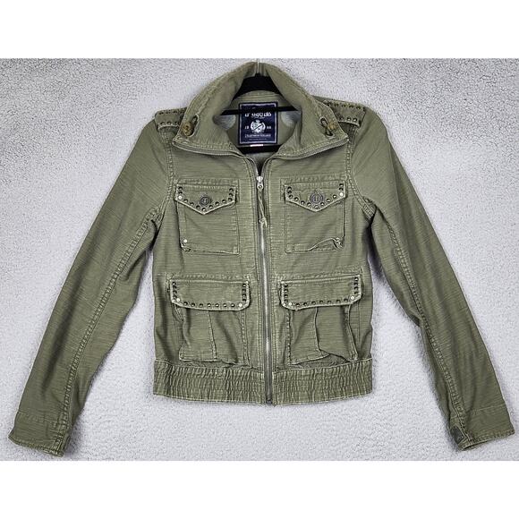 PINK VICTORIAS SECRET Jacket Womens Small Green Denim Military Collared Pockets - Picture 1 of 16